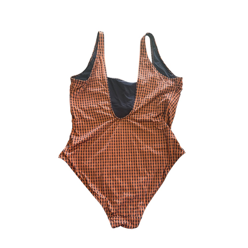 Everlane ReNew Square-Neck One-Piece Swimsuit Orange Black Gingham XL - Picture 3 of 6